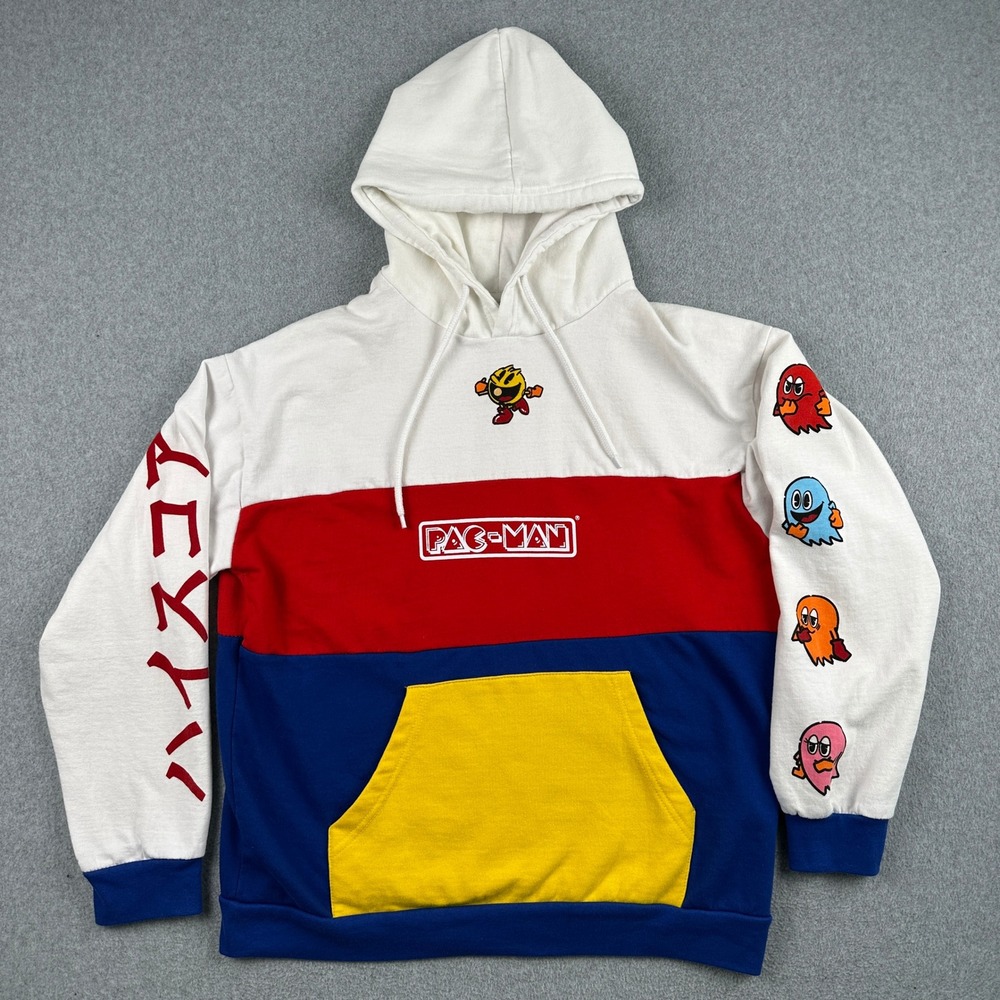 Pac-Man Hoodie Mens Large Multi Color Block Graphic Pullover Sweatshirt Anime